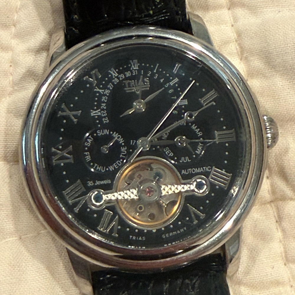 Trias T21426-46 Black/silver/gold Automatic self winding men’s blk leather watch